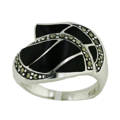 Marcasite Ring Layer Onyx Inlay+Marcasite Leaf