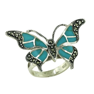 Marcasite Ring Faux Turquoise Inlay+Marcasite Butterfly