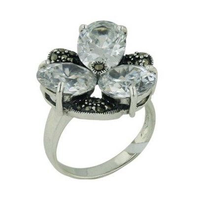 Marcasite Ring Trillion with 3 Clear Cubic Zirconia Oval