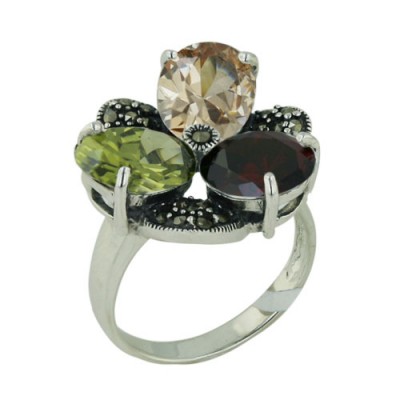 Marcasite Ring Trillion with 3 Garnet+Champagne+Olivine C