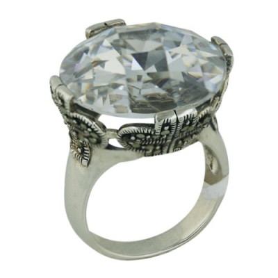 Marcasite Ring 22X22mm Clear Cubic Zirconia Chess Cut Round with 4 Sided Ox