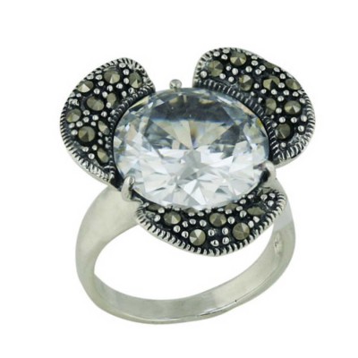 Marcasite Ring 14X14mm Clear Cubic Zirconia Round with 3 Marcasite Petals Flower Pet