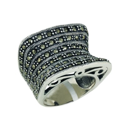 Marcasite Ring 23X19mm Multicolor Row Concave with Oxidized Rope