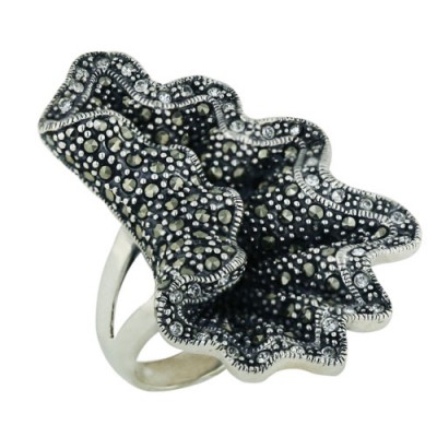 Marcasite Ring 42X28mm Folded Lotus Leaf with Clear Cubic Zirconia Around