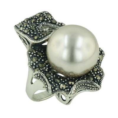 Marcasite Ring 16mm White Faux Pearl with Marcasite Lotus Leaf