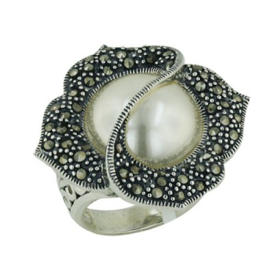MARCASITE RING RHOMBUS PETALS S LINES ACROSS WHITE FAUX P