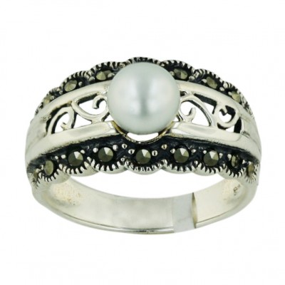 Marcasite Ring 6mm White Freshwater Pearl with Filigree+Marcasite O