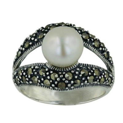 Marcasite Ring 9mm White Fresh Water Pearl with Pave Marcasite Open