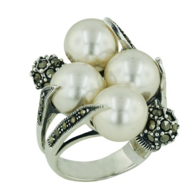 Marcasite Ring 10mm 4 White Faux Pearl with 2 Marcasite Dome+Leaves