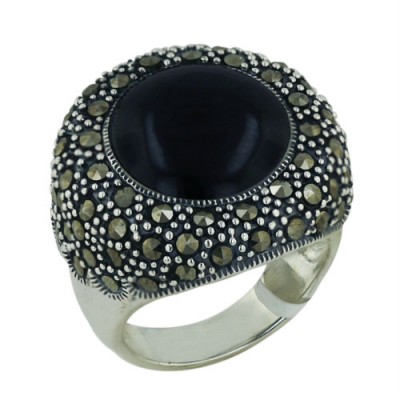 Marcasite Ring 23X23mm Onyx Round with Pave Marcasite+Oxidized Rope