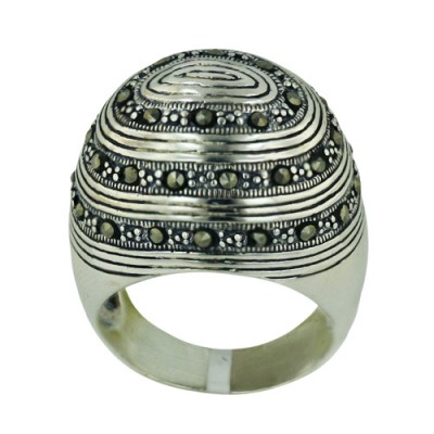 Marcasite Ring 23X20mm Layered Marcasite+Lines High Rise Dome
