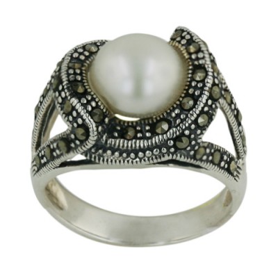 Marcasite Ring 9mm White Fresh Water Pearl with Pave Marcasite Oxid
