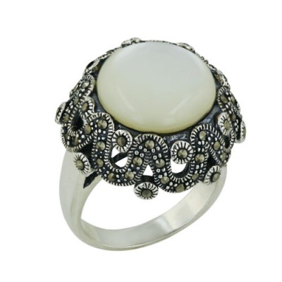 Marcasite Ring 20X20mm White Mother of Pearl Cabochon with Wavy Marcasite+Oxidi