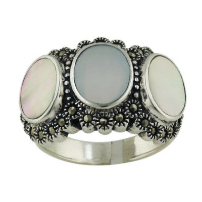 Marcasite Ring Triple White Mother of Pearl Inlay Oval Bezel Set with Pa