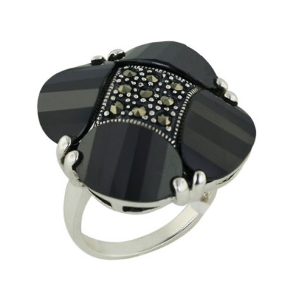 Marcasite Ring 23X23mm 4 Black Cubic Zirconia Barrel Cut Flower Petal with Pa