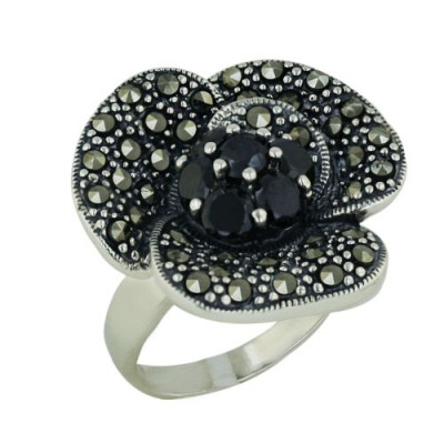 Marcasite Ring 26X26mm Black Cubic Zirconia Flower Ctr with Pave Marcasite Flower Arou