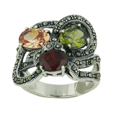 Marcasite Ring 8X6mm Olivine+Champagne+7X7mm Garnet Cubic Zirconia Round with Marcasite Lines F