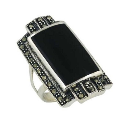 Marcasite Ring 35X20mm Onyx Inlay Rectangular with Pave Marcasite Around