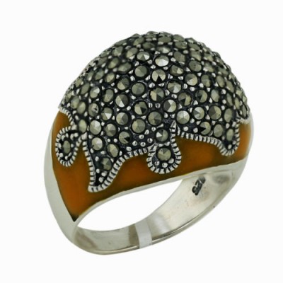 Marcasite Ring Gold Enamel Concave with Pave Marcasite Top