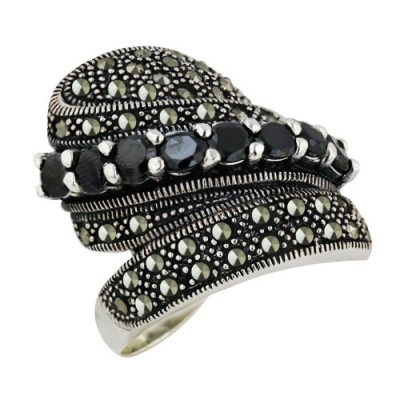 Marcasite Ring Black Cubic Zirconia Round Row with Marcasite+Oxidized Rope Around