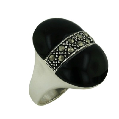 Marcasite Ring Onyx 2 Dimensional with Pave Marcasite Ctr Oval