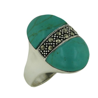 Marcasite Ring Faux Turquoise 2 Dimensional with Pave Marcasite Ctr Oval