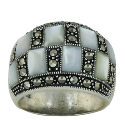 Marcasite Ring 2 Row White Mother of Pearl Marcasite with Twisted Oxidized Rope