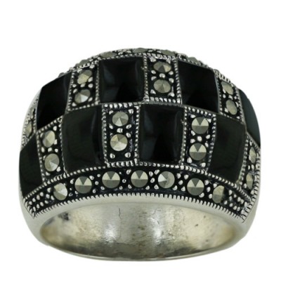 Marcasite Ring 2 Row Onyx Marcasite with Twisted Oxidized Rope