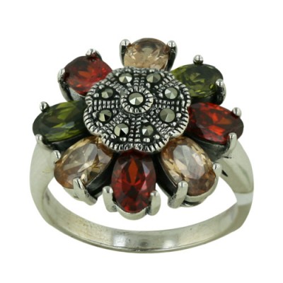 Marcasite Ring Flower Shape with Multicolor Color Cubic Zirconia Petals 8M