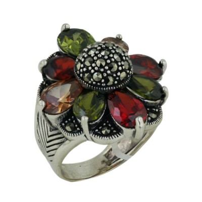 Marcasite Flower Shape Ring with Two Different Size Multicolor