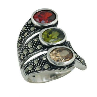 Marcasite Ring with 3 Lines with 3 Multicolor Color Cubic Zirconia