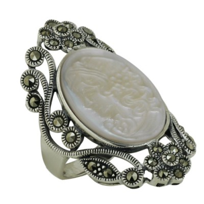 Marcasite Ring with White Cameo with Mini Flower Design