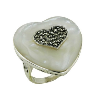 Marcasite Ring Mother of Pearl Heart+Marcasite Heart with Open Base