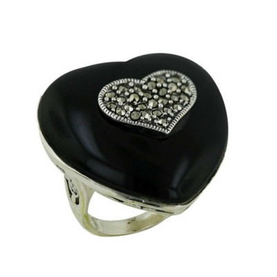 Marcasite Ring Onyx Heart+Marcasite Heart with Open Base