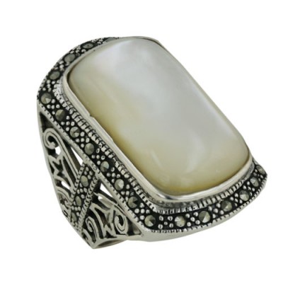 Marcasite Ring with 15X25mm Rectangle Mother of Pearl with Marcasite
