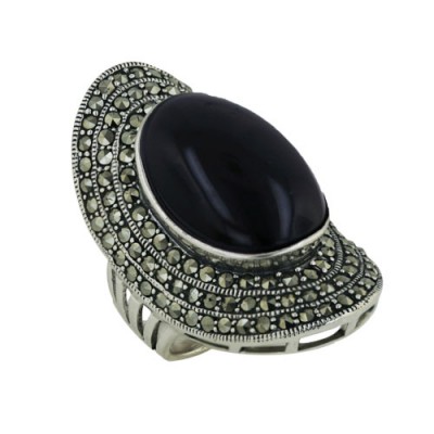 Marcasite Ring with Oval Onyx with Marcasite Around