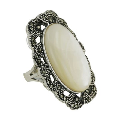 Marcasite Ring with Oval Mother of Pearl with Floral Marcasite Design Around