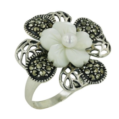 Marcasite Ring with Flower Mother of Pearl and Flower Marcasite