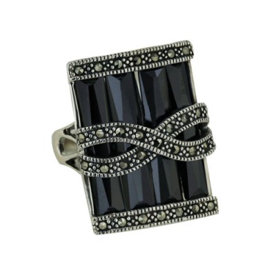 Marcasite Ring with Black Baguette Cubic Zirconia with Criss Cross Mc