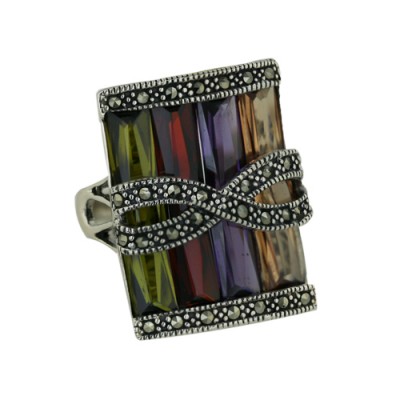 Marcasite Ring with Mutlicolor Baguette Cubic Zirconia with Criss Cro