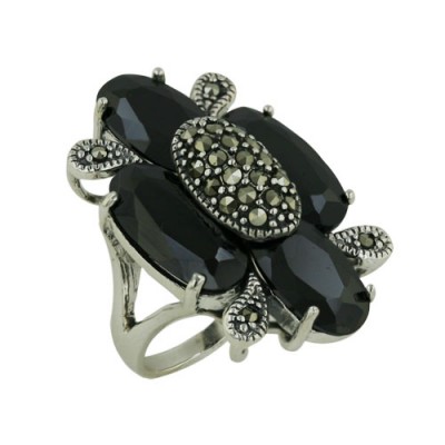 Marcasite Ring with Marcasite in Center and 4 Black Cubic Zirconia As Petals