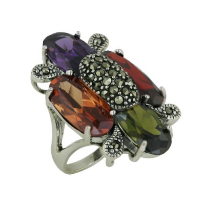Marcasite Ring with Marcasite in Center and 4 Mutlicolor Cubic Zirconia As P