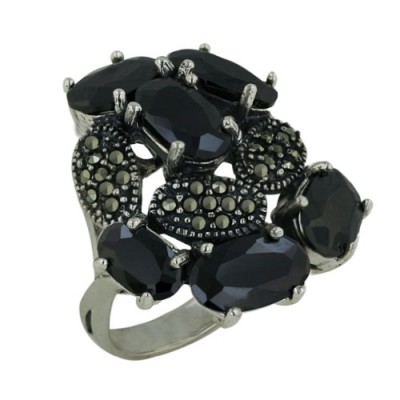 Marcasite Ring Cluster of Black Cubic Zirconia and Mz