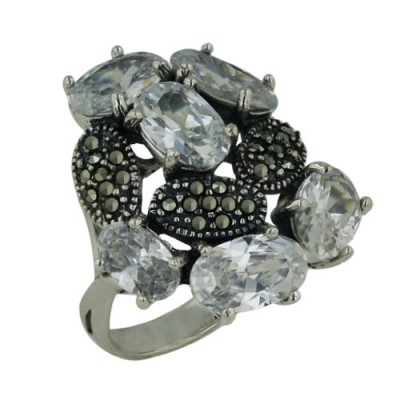 Marcasite Ring Cluster of Clear Cubic Zirconia and Mz