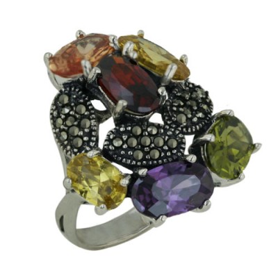 Marcasite Ring Cluster of Mutli Color Cubic Zirconia and Marcasite