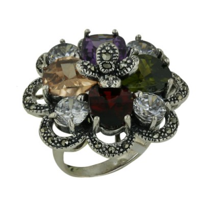 Marcasite Ring Flower with Multicolor Color Cubic Zirconia and Small Marcasite Pe