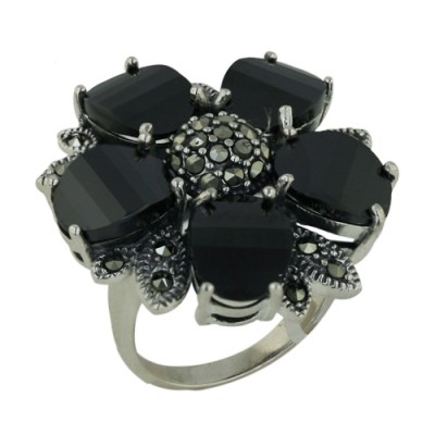 Marcasite Ring with 5 Black Petal Cubic Zirconia and Marcasite Center and Le