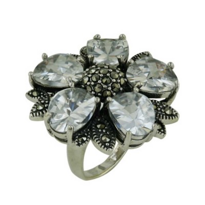 Marcasite Ring with 5 Clear Petal Cubic Zirconia and Marcasite Center and Le