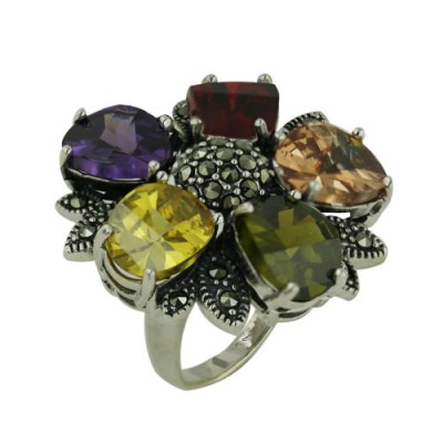 Marcasite Ring with 5 Multicolor Color Petal Cubic Zirconia and Marcasite Center