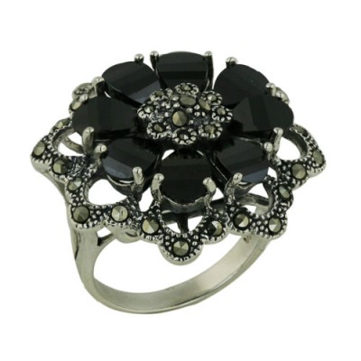 Marcasite Ring Flower 8 Black Cubic Zirconia Petals and Mz Open Petal